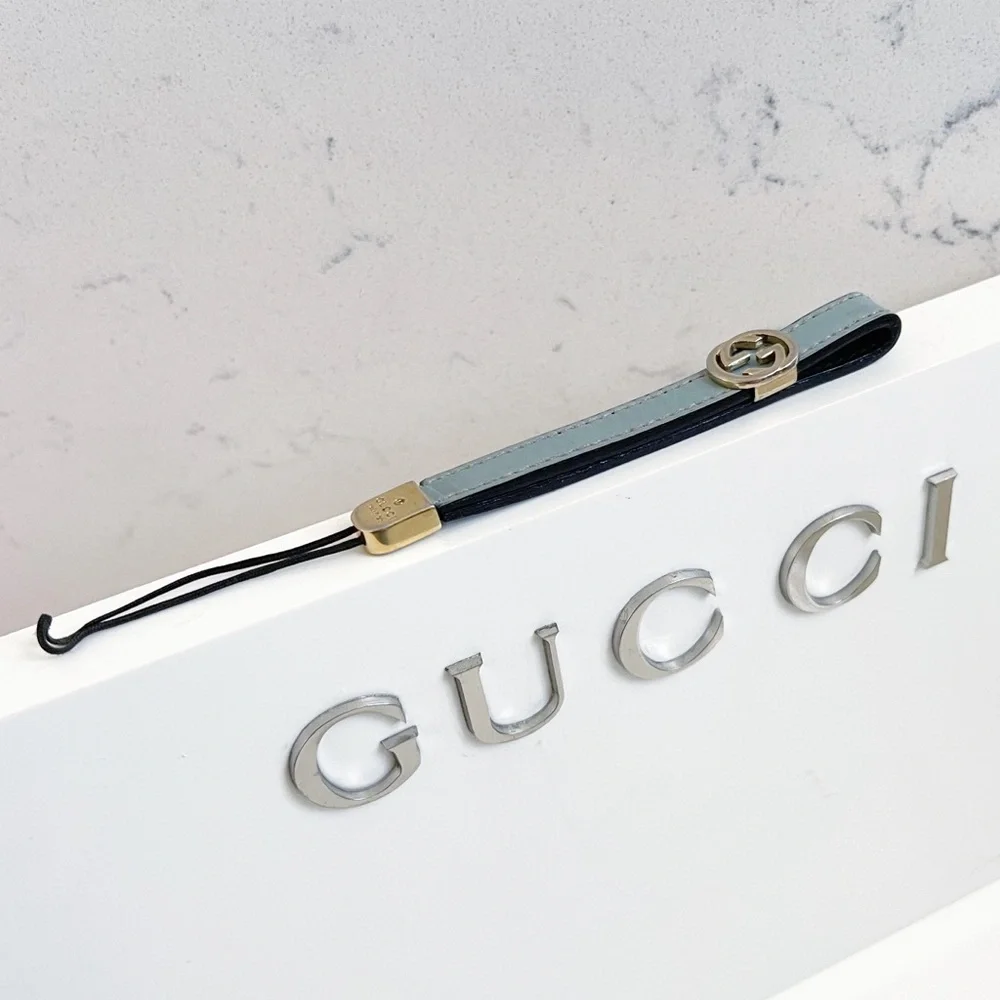 Authentic Gucci Tiffany Blue Patent Leather GG Logo Lanyard / Keychain